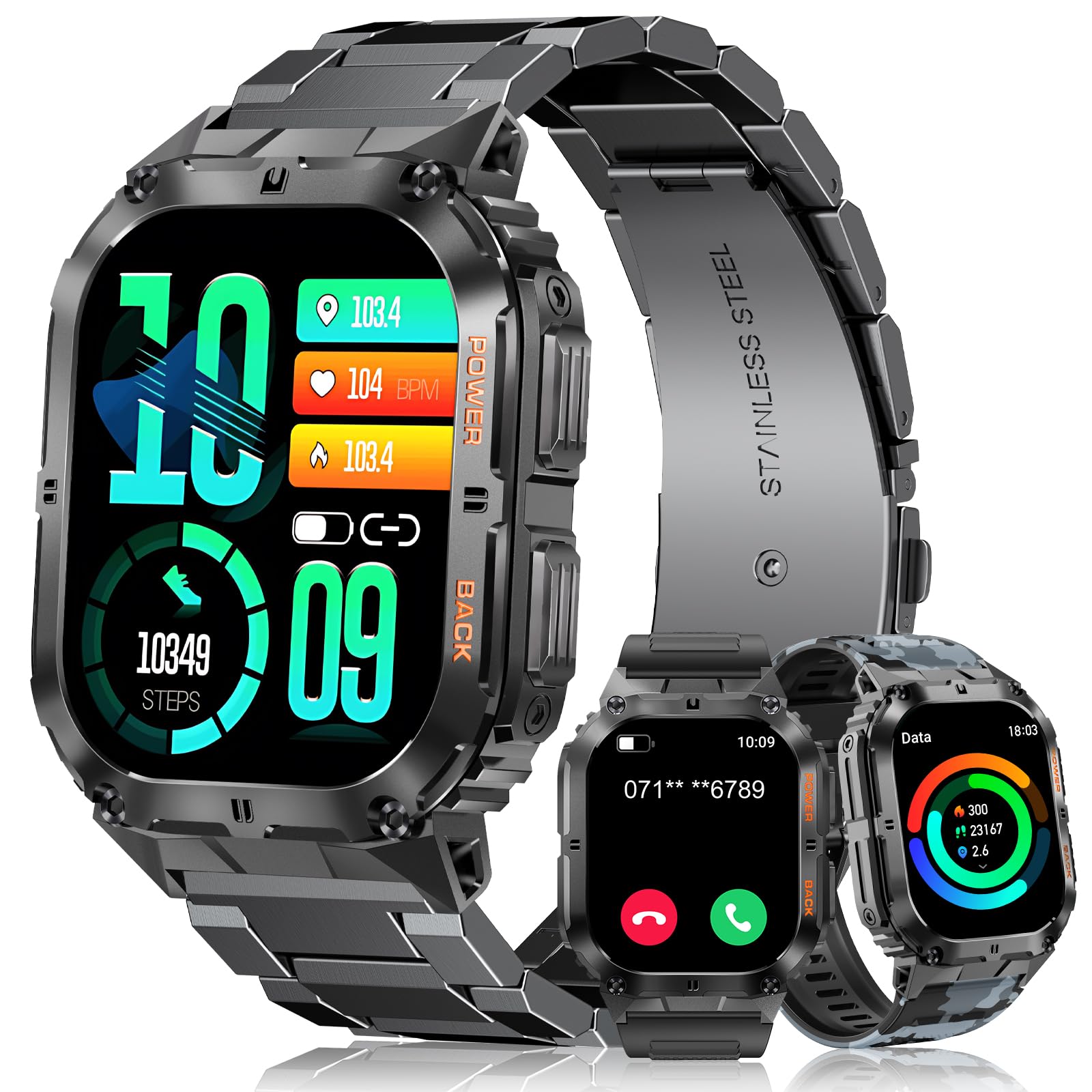 MEGALITH Smart Watch Men Calls: Whatsapp Smartwatch Bluetooth Compatible with Android iOS - Black Military Wristwatches for Fitness Activity