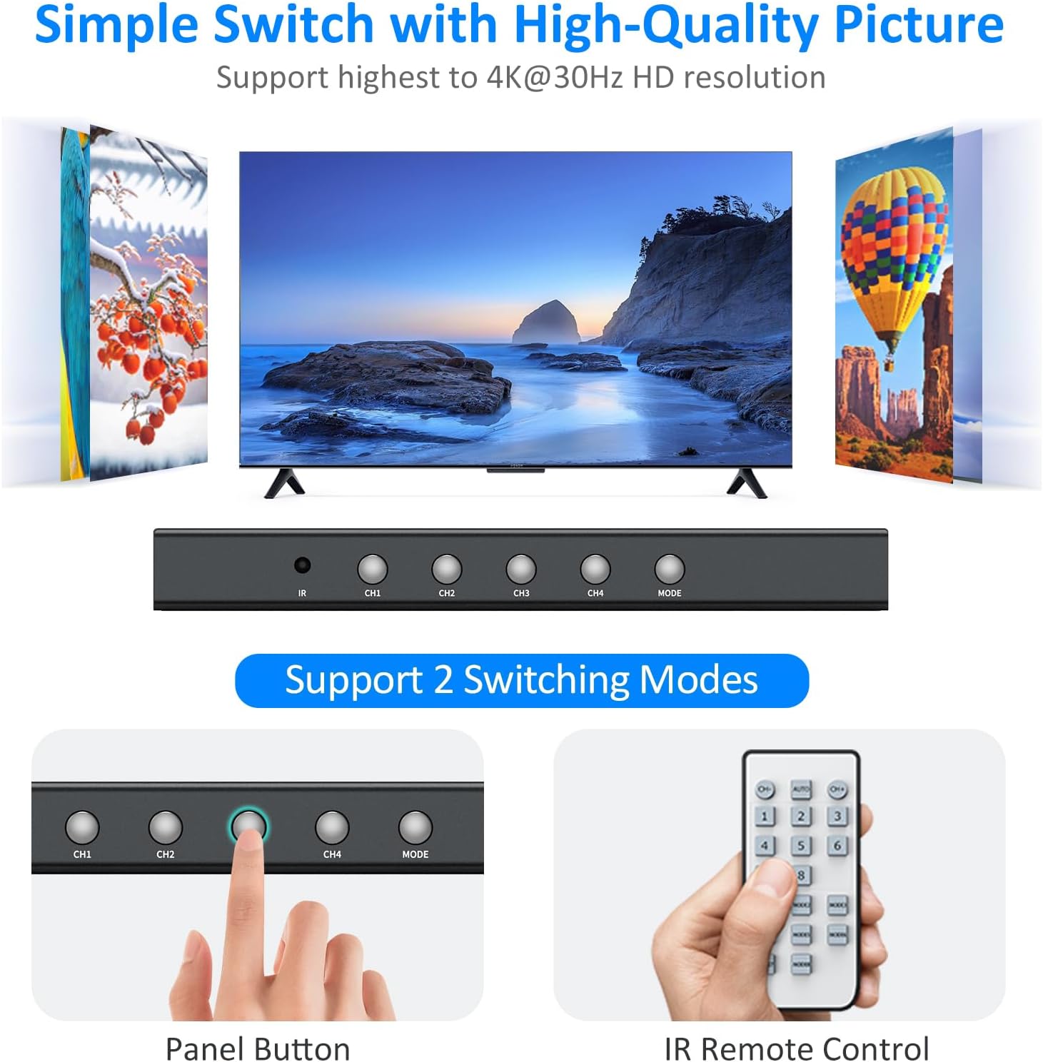 Yinker 4K HDMI Multiviewer 4x1 showing panel buttons and IR remote control.