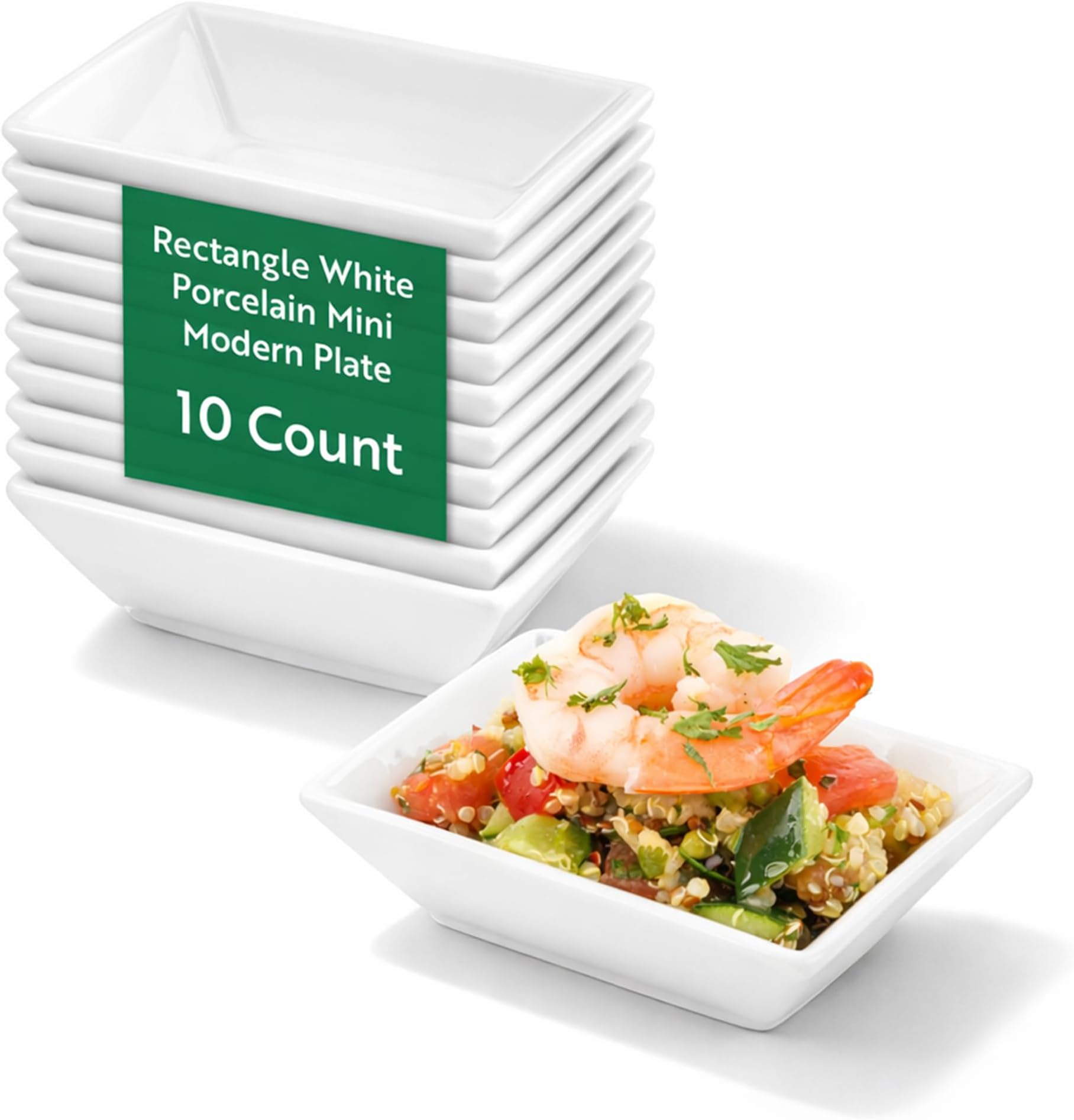 Mini Porcelain Dish - Rectangular Appetizer Dish, Rectangular Dessert Dish - 3.9 Inches - White - 10ct Box - Restaurantware