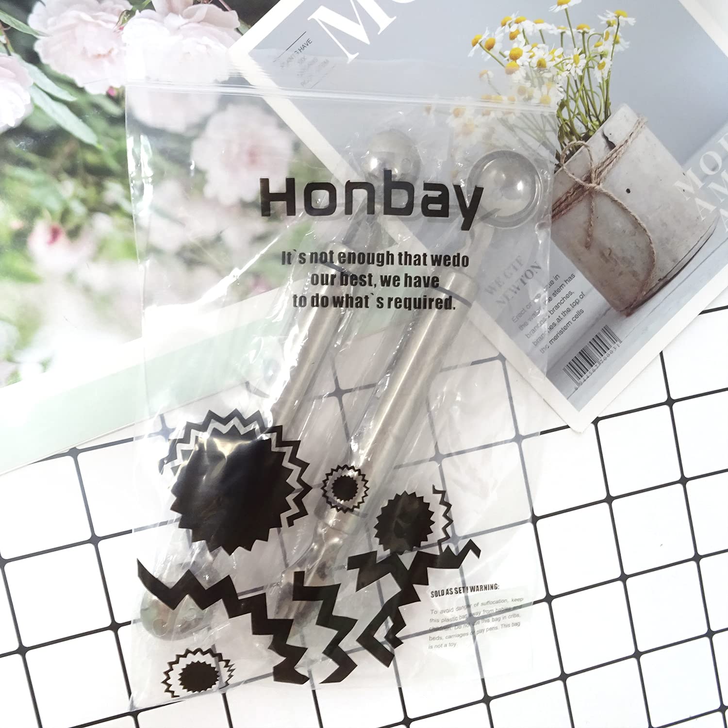 Honbay 2PCS Stainless Steel Double-Headed Melon Baller Scoop Fruit Carving Knife Dual-Purpose Cooking Spoon Kitchen Tools for Watermelon Cantaloupe Ice Cream Sorbet Dessert - Image 7