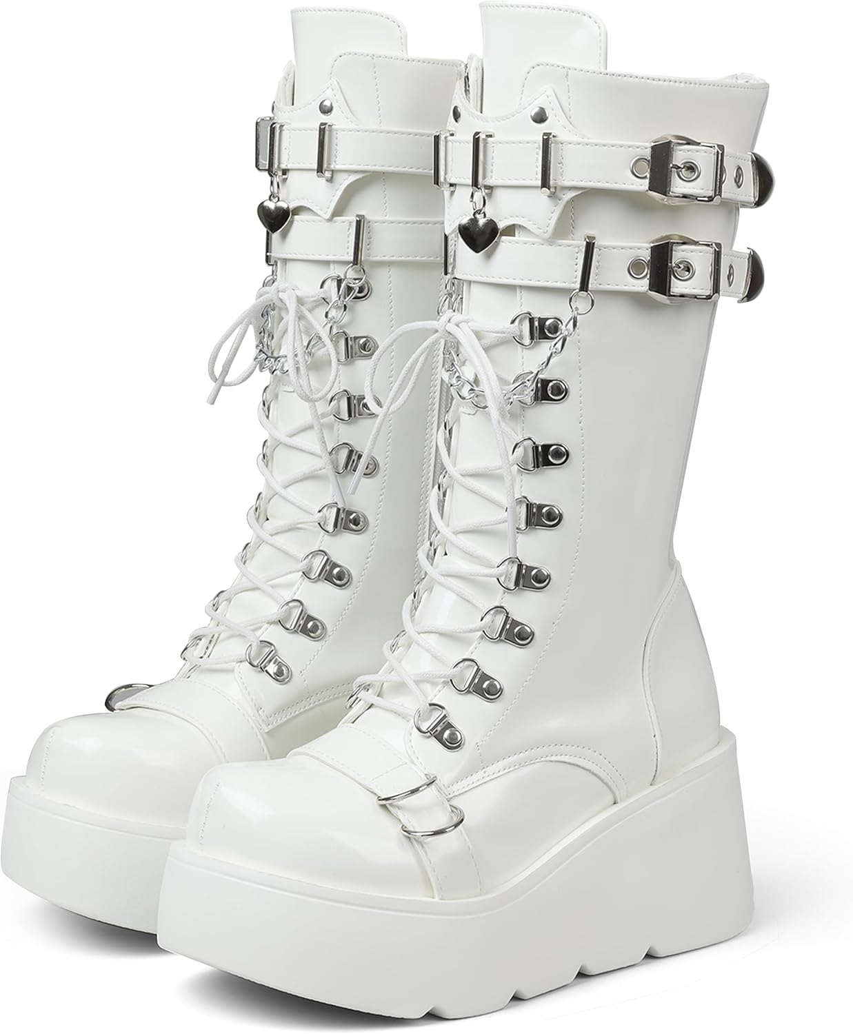 Women's Black Platform Boots Wedge Combat Gothic Chunky Heel Lace Up Mid Calf Punk Motorcycle Shoes - Image 2