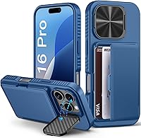 Vista 27 de Funda para iPhone 16 Pro Max con tarjetero (4-5 tarjetas), funda deslizante para cámara y protección de grado militar, a prueba de golpes, Azul