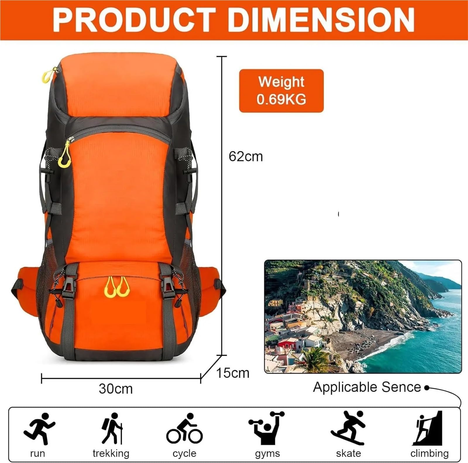 Outdoor-Rucksack Wanderrucksack, wasserdicht, 50 l, leicht, Reiserucksack mit Regenschutz for Camping, Trekking, Wandern, Spazierengehen, Outdoor-Sport