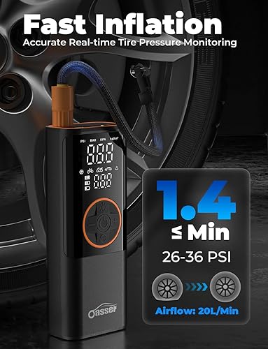 Oasser Tyre Inflator Air Compressor Bike Pump Car Tires 150PSI, 6000mAh & DC 3M Car Cigarette Lighter Portable Car Tyre Pumpwith Dual Display, Auto Shut-Off,Storage Bag for Cars, Motorcycle,Bike - 6