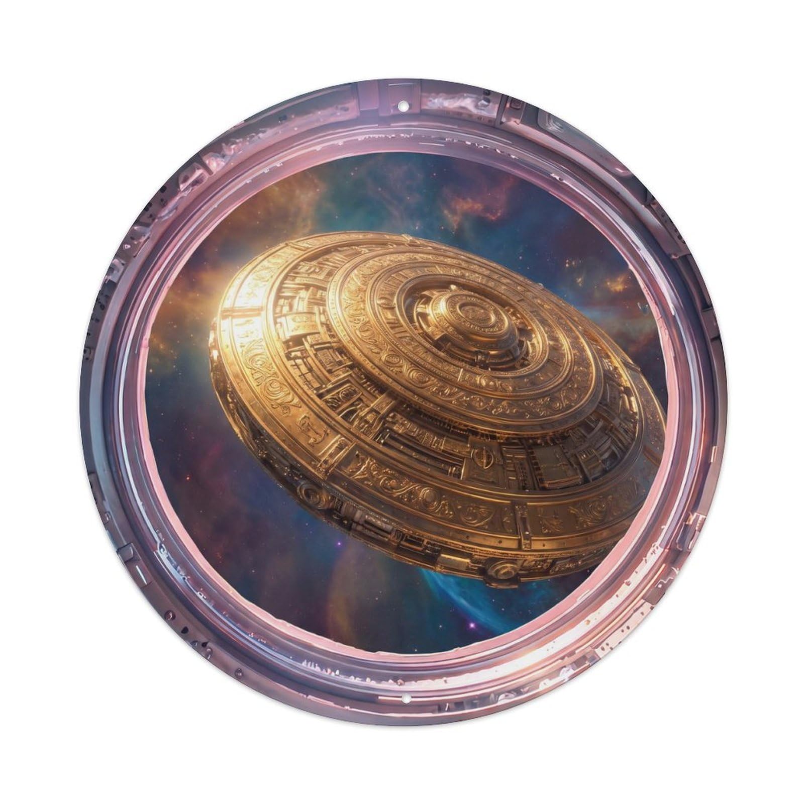 Metal Tin Sign Golden Saucer from Space Station Porthole