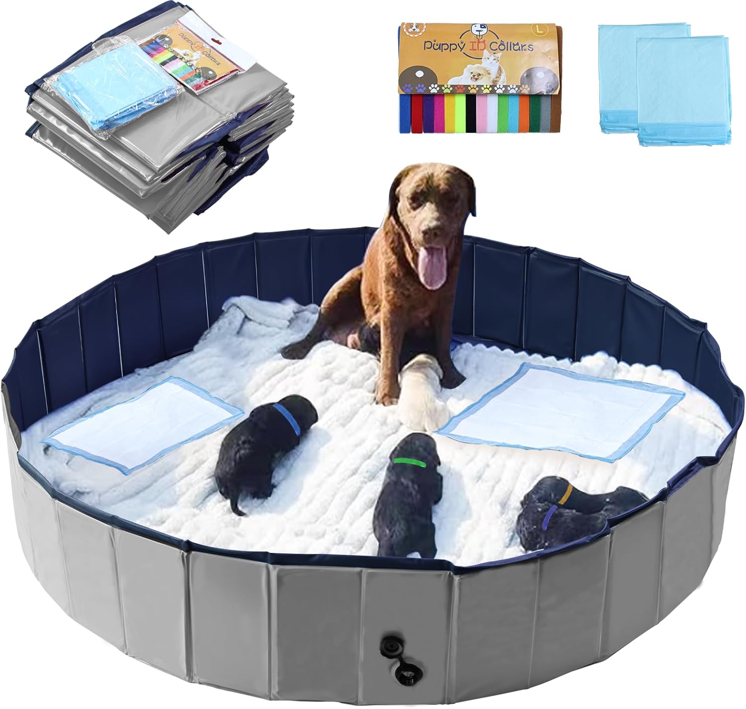 Artilife Whelping Box for Dogs Birthing - Foldable Puppy Whelping Pool Pen Kit with Pee Pads & ID Collars