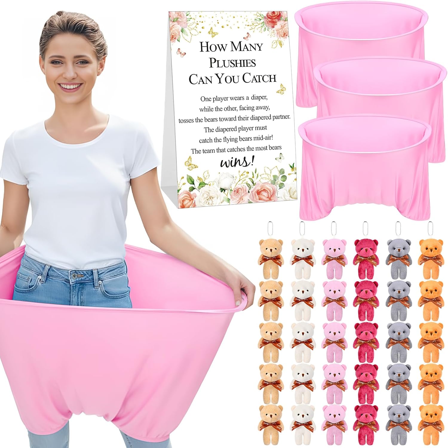 Soulchen 34 Pcs Baby Shower Games Bridal Shower Games Funny Activities with Plush Toys Included Funniest Game for Women or Men How Many Plushies Can You Catch in Your Diaper