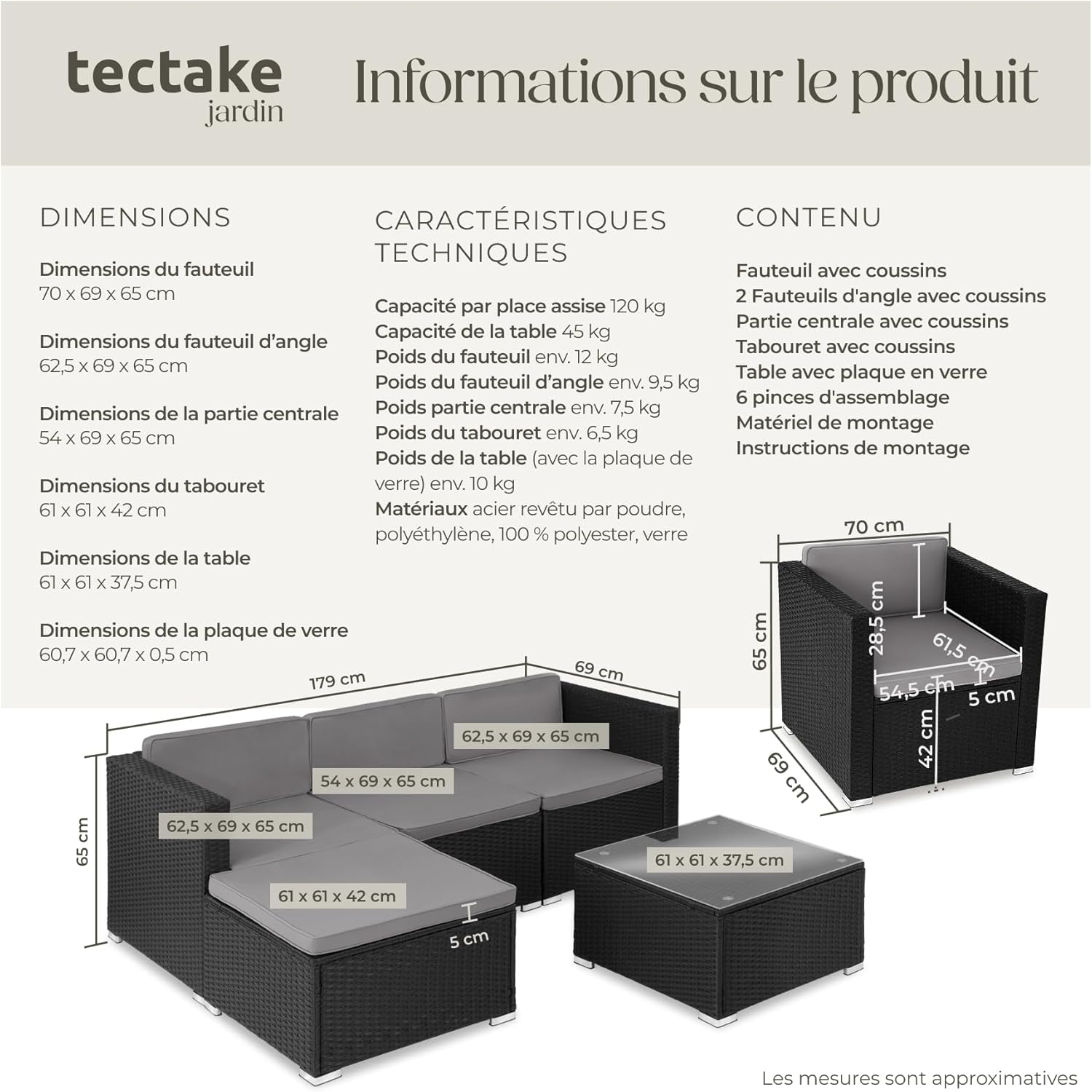Diagram showing detailed dimensions of each component of the tectake modular lounge set.
