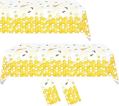 2Pcs Bee Tablecloth 42.5" X 70" Bee Party Decorations Honey Bee Day Tablecloths Bumblebee Rectangle Plastic Table Cover,for Baby Shower Gender Reveal Kids Boys Girls Birthday Party Decorations