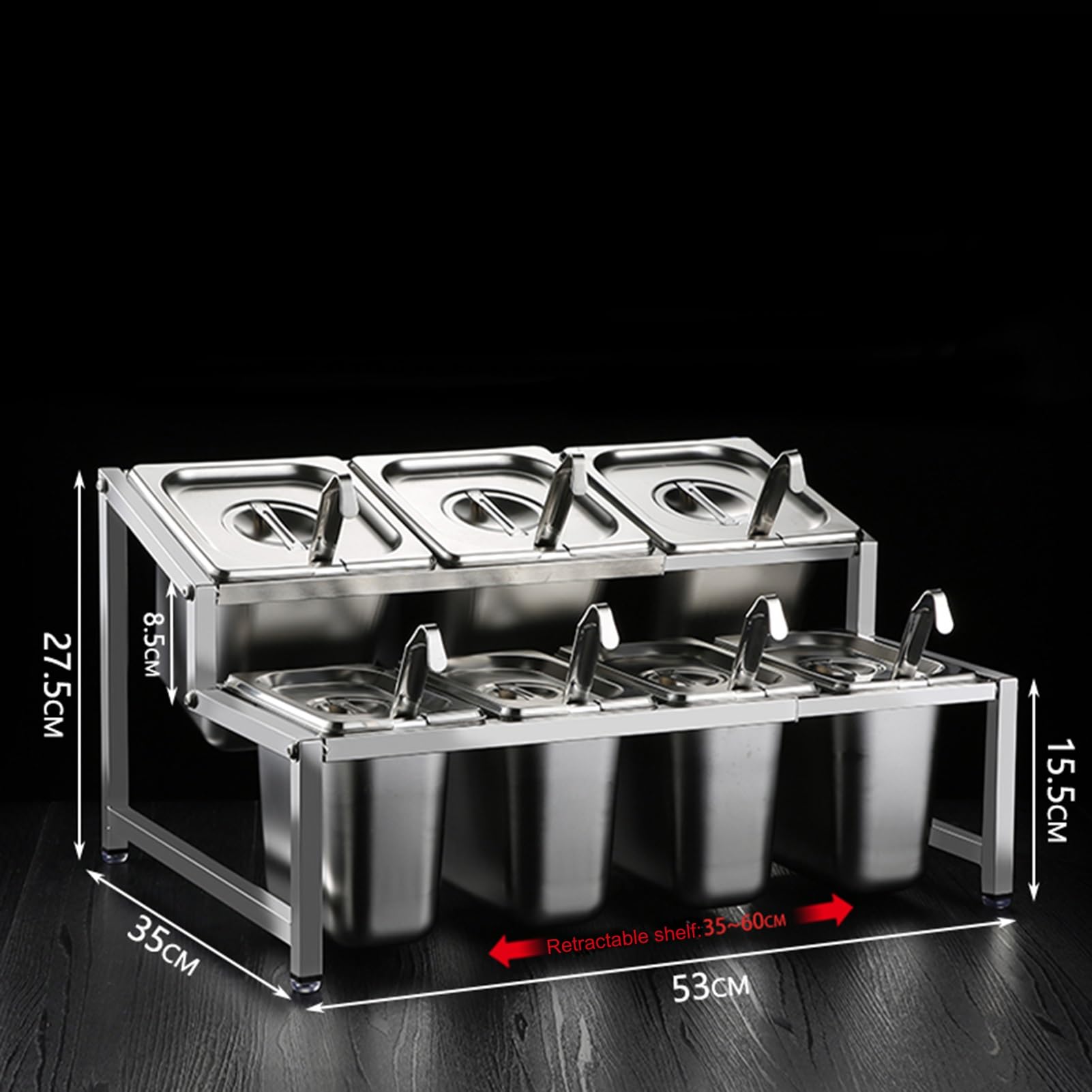 Estante para especias comercial, condimentos inclinados de acero inoxidable de doble capa, salsa de especias contenedor de ingredientes de mermelada de ensalada para cocina bar restaurantes
