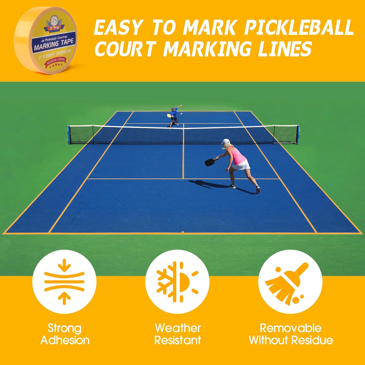 Pickleball Court Tape - 2" x 200 ft Marking Kit | Temporary No-Residue Tape | Easy Apply & Remove | Outdoor/Indoor for Courts, Gym, Driveway, Backyard