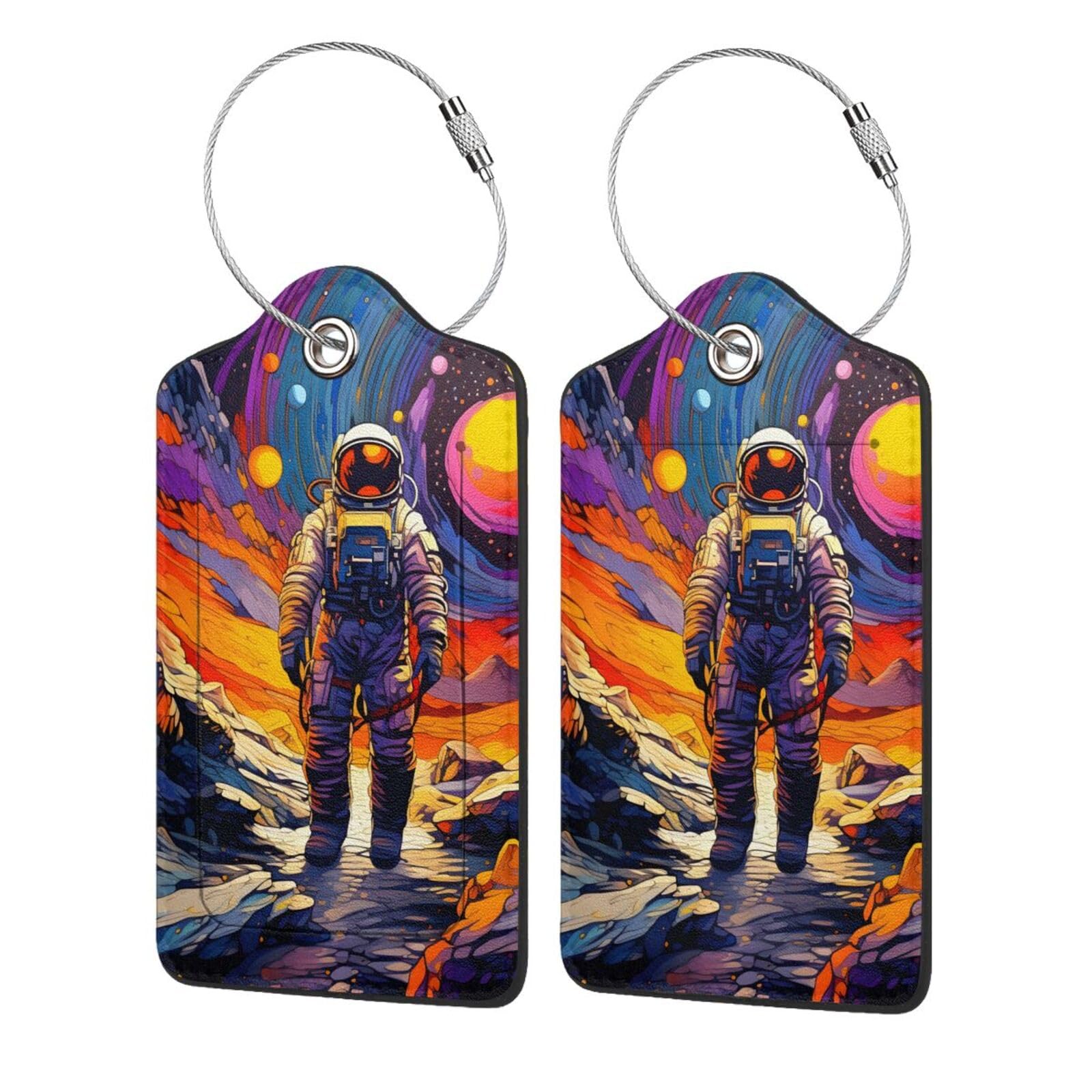 4 etiquetas de equipaje de piel sintética para maleta, astronauta, planeta de colores, pintura al óleo, etiqueta de equipaje con bucle de acero inoxidable, etiqueta de identificación de cubierta de