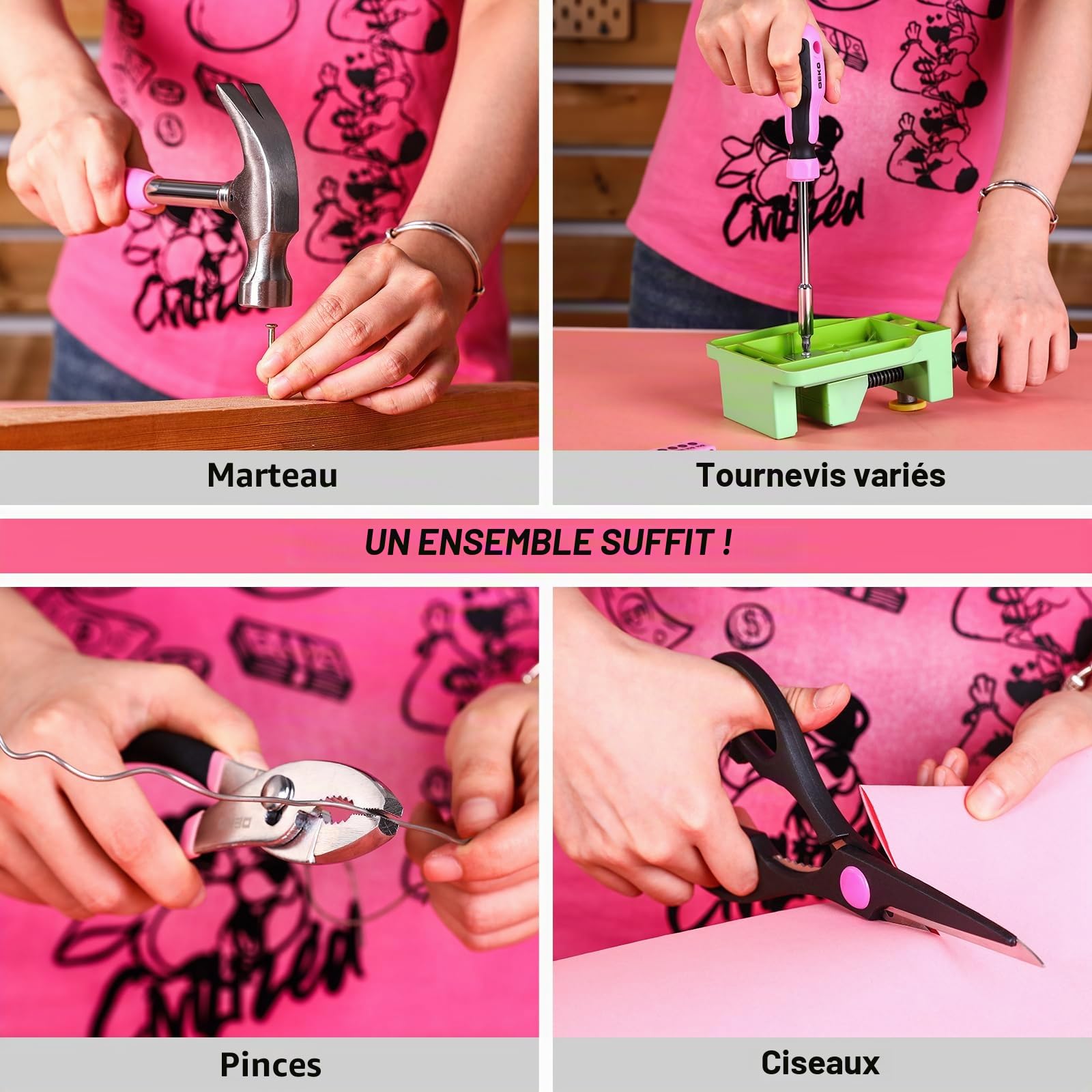 DEKO Boîte à outils complète rose 62 pièces, mallette, boîte à outils bricolage, cadeaux pour femme, maison, bureau et voiture, pour entretien quotidien