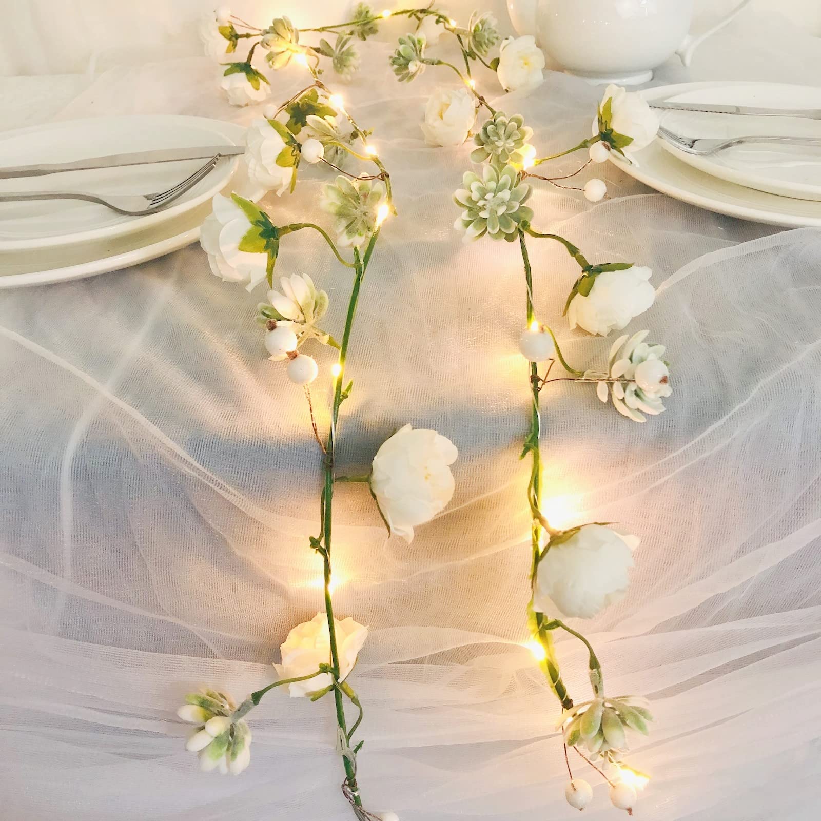 Riaxuebiy Rose Succulents String Lights, Artificial Twig Vine Garland Lights 20 LED 6.6 FT Battery Powered Hanging Fairy Light for Home Kitchen Garden Office Wedding Party Bedroom Wall Decor (White) — image 1