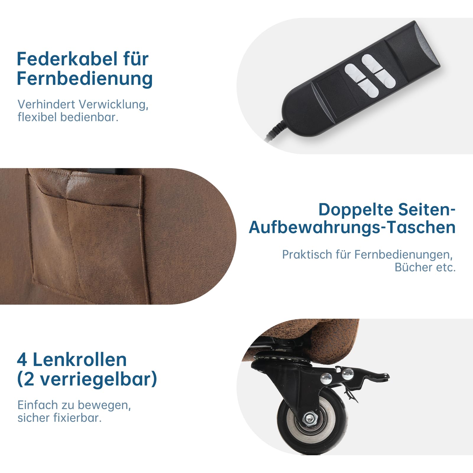 2 Motoren Elektrischer Relaxsessel, Fernsehsessel mit Liegefunktion, TV Sessel Wohnzimmer mit Rollen, Verstellbarer Rückenlehne & Fußstütze, 2 Seitentaschen, Recliner Chair, Braun Flockleder