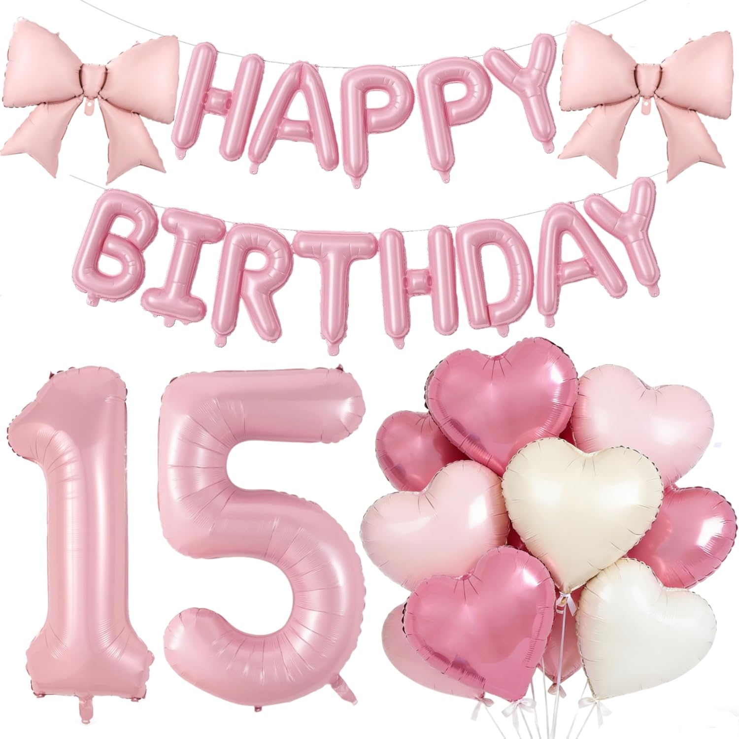 Pink Happy 15th Birthday Decorations, Large 32 Inch Number Foil Balloon 21 Inch Pink Bow 16 Inch Happy Birthday Letter Balloons Banner with 18 Inch Heart Balloons for 15 Year Old Girls Party