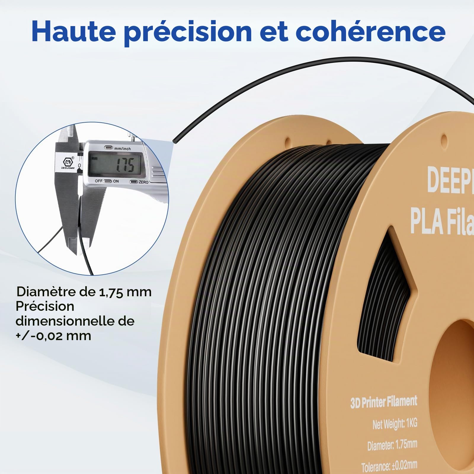 DEEPLEE Filament PLA pour imprimante 3D 1,75 mm, précision +/- 0,02 mm, soigneusement enroulé, sans obstruction, emballé sous vide, pour la plupart des imprimantes 3D FDM, bobine en carton, 1 kg, noir
