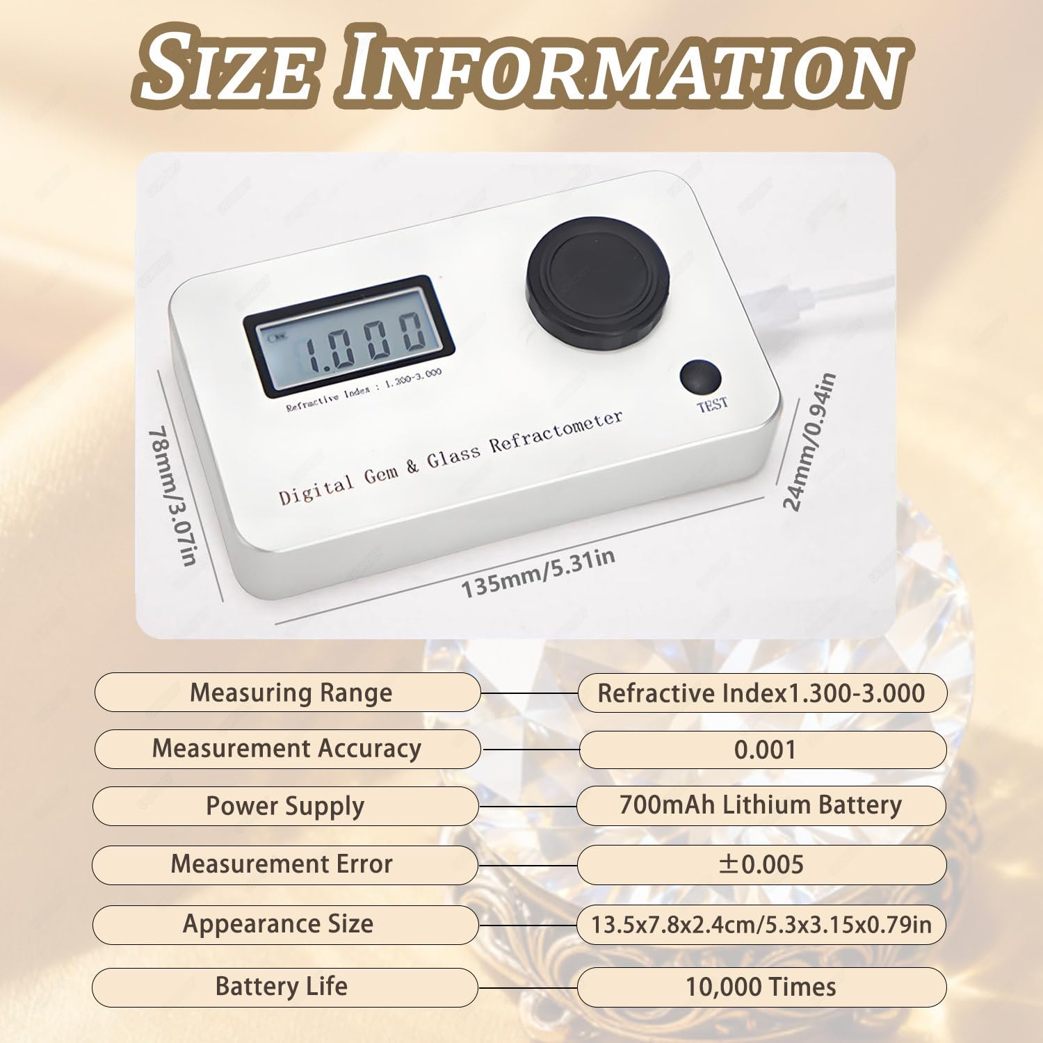 Refractómetro para Gemas, Detector de índice de refracción de Diamantes. Pantalla LCD retroiluminada de Gran tamaño, índice de refracción 1.300-3.000/error: ±0.005, para joyería y Jade