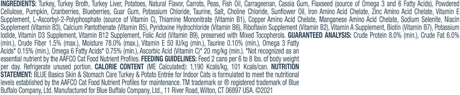 Blue Buffalo Basics Skin & Stomach Care, Grain Free Natural Adult Pate Wet Cat Food, Indoor Turkey 3-oz cans (Pack of 24) : Pet Supplies