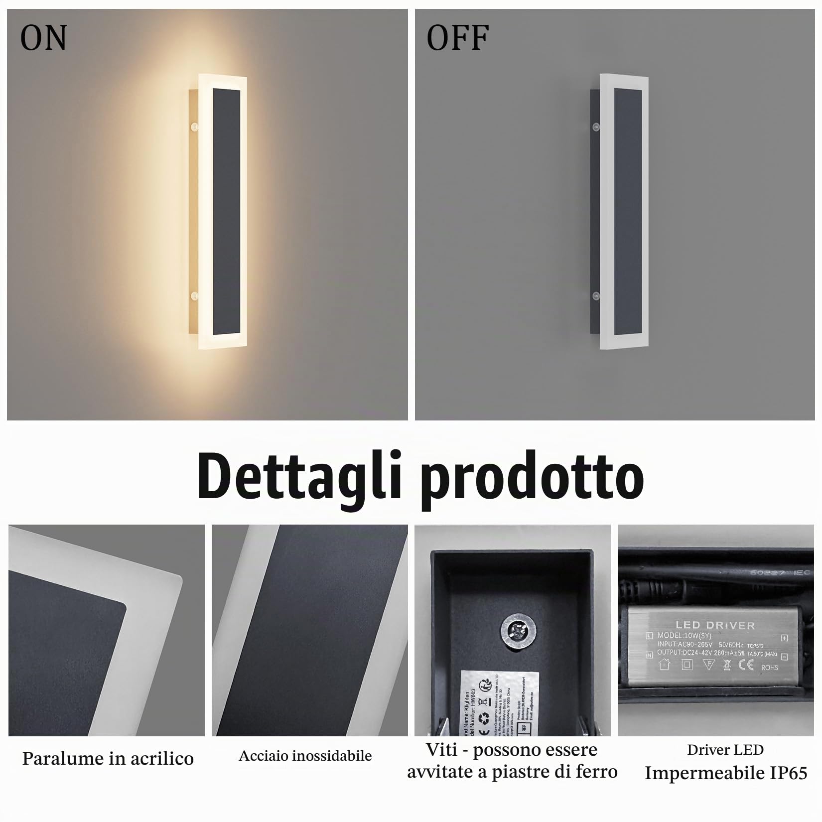 Klighten 2 Pezzi Applique da parete Esterno/Interno LED, 30CM/10W Lampada da Parete, IP65 Lampade Muro Esterni Acciaio inossidabile Acrilico, per Giardino Garage Patio, Bianco Caldo 3000K, Antracite