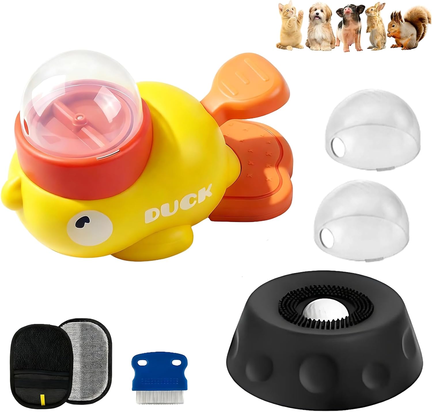 Relieve Dog Anxiety and Beauty Set - Duck and Dog Food Dispenser Toy, Lick Dog Bowl with Rolling Ball, Tear Comb, Anti Static Hair Removal Gloves - Pet Set for Weight Loss and Anxiety Relief