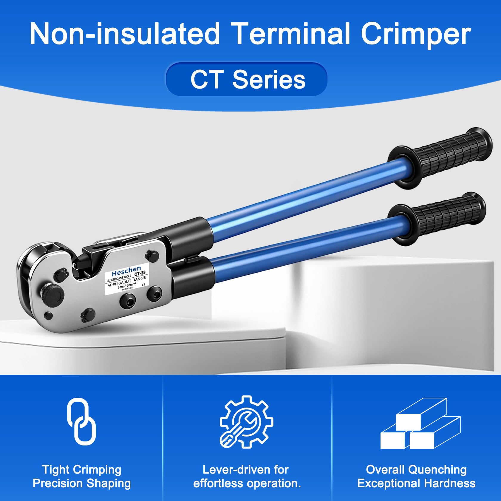 Heschen Pinza crimpatrice a cricchetto, CT-38, per terminali ad anello in rame da 8-2 AWG (8-38 mm²), pinze per elettricisti manuali per crimpatura terminali cavi, blu