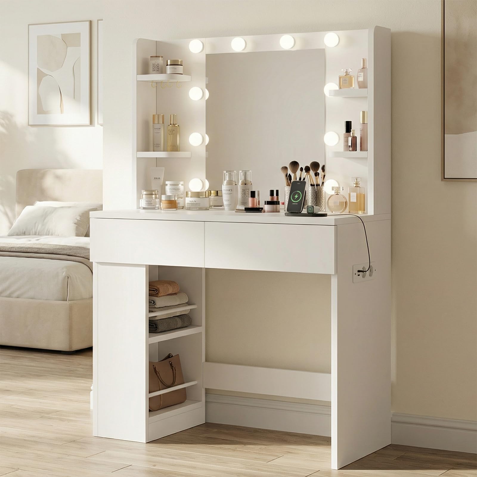 Devoko Coiffeuse avec Miroir LED, Luminosité Réglable, 108x40x126cm, Table de Maquillage avec 2 Grand Tiroirs, 4 Étagères et Rangement Latéral (Blanc, Modèle Globe de 90 cm)