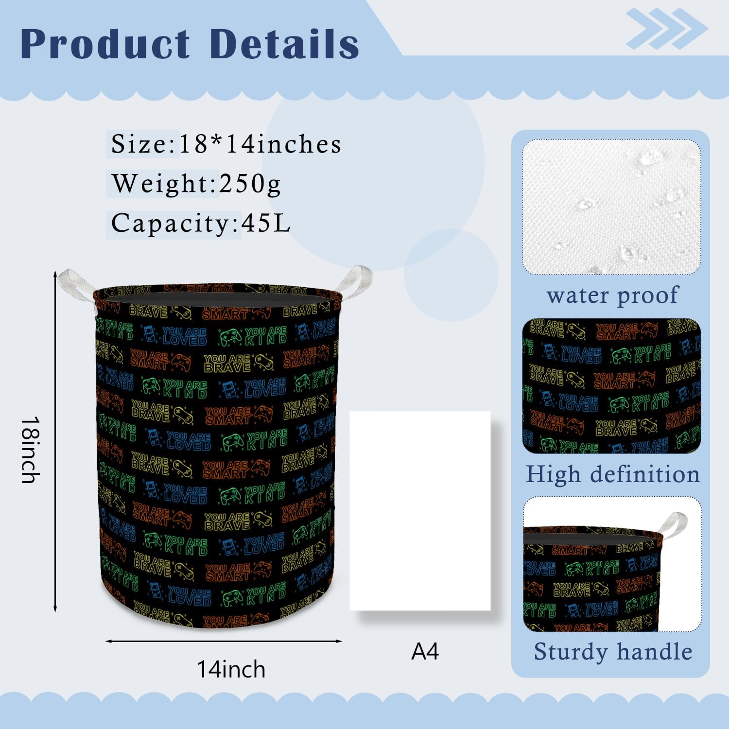 Neon Video Game Boys Laundry Basket Hamper, Inspirational Colorful Games Foldable Clothes Toys Books Storage Box Bins Baskets Organizer for Boys Nursery Playroom Bedroom Bathroom