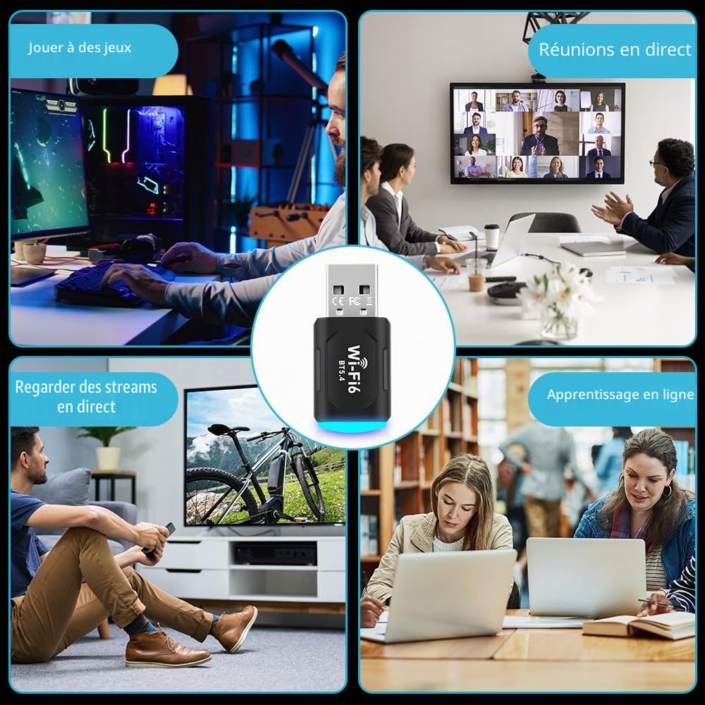 Clé WiFi 6 USB Double Bande 5GHz/2.4GHz Adaptateur WiFi Dongle 2 en 1 Bluetooth 5.4 pour PC Windows 10/11