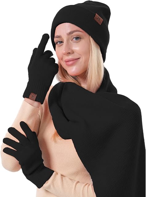 Hat Scarf Gloves Set Unisex Soft Wool with Long Scarf Shawl Double-Layers Beanie Touchscreen Gloves for Women and Men