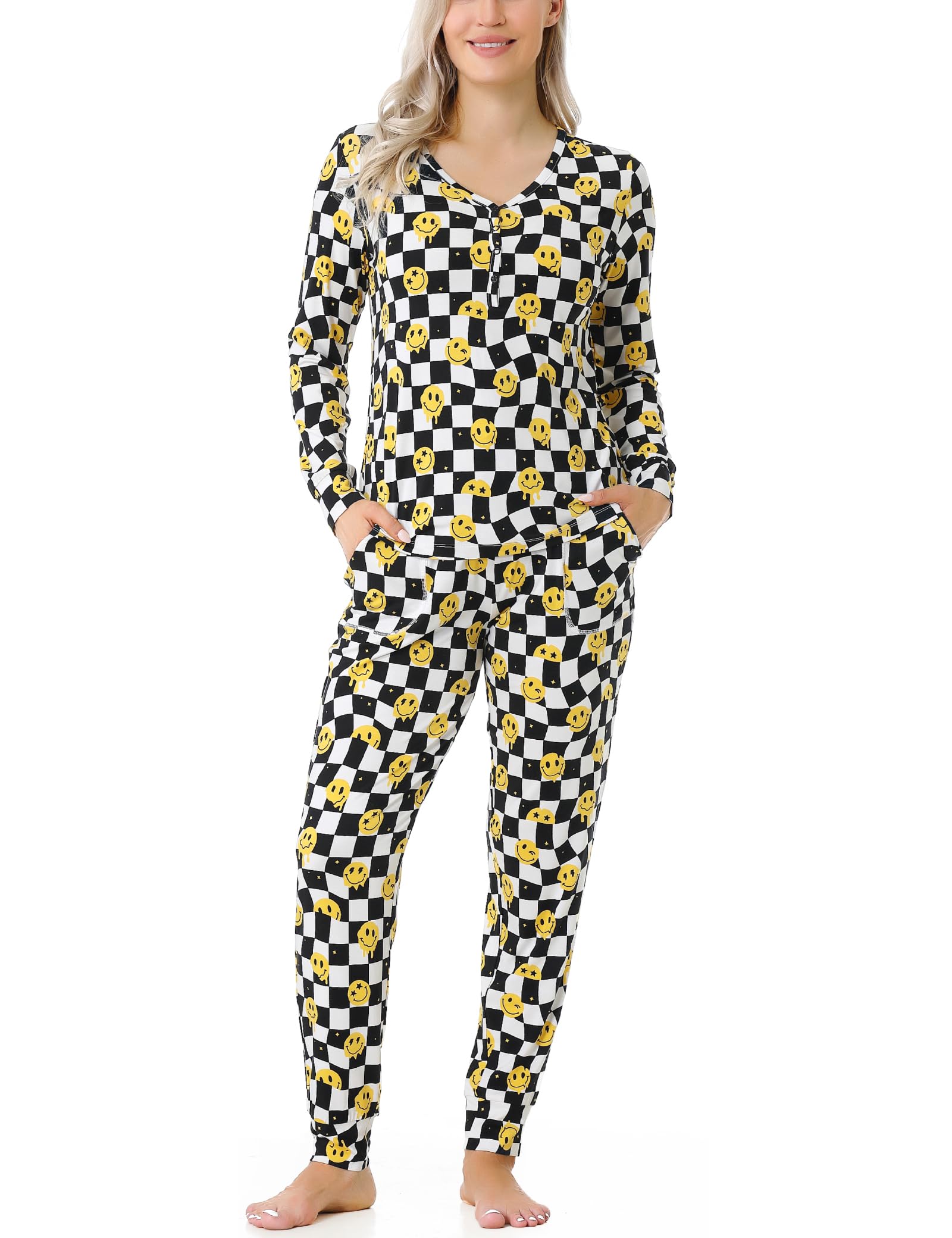 EASWEET Bamboo Viscose Jogger Pajama Set for Women Long Sleeve Super Soft Sleep Set Comfy Pjs Sets