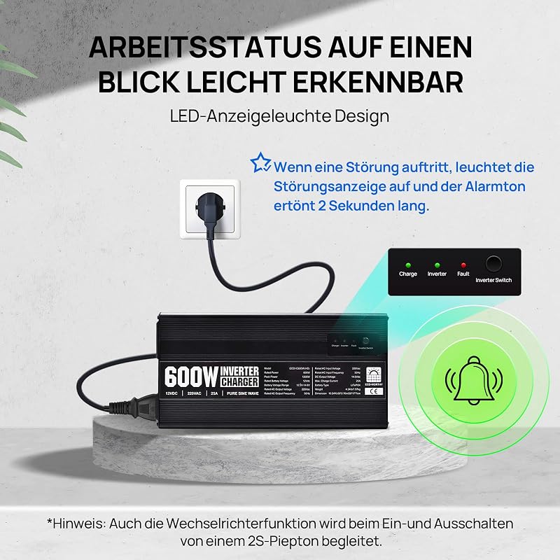 ECO-WORTHY 14,6V 25A LiFePO4 Akkumulátor Töltő 600W Színuszos Inverterrel - 12V-230V UPS Funkcióval, Hálózati Prioritás Kapcsolóval, Autóhoz