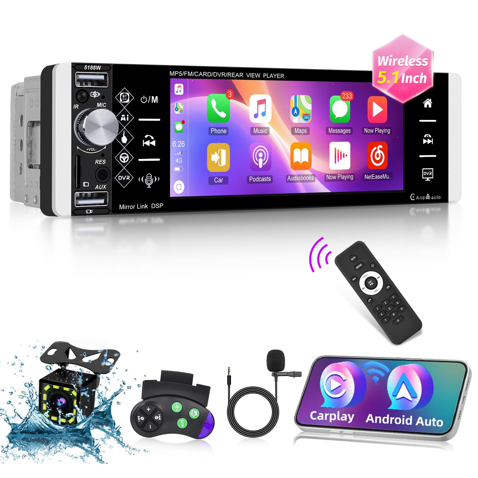 Autoradio 1 Din con Senza fili Carplay e Android Auto - Radio Bluetooth Touchscreen IPS da 5,1 Pollici con EQ, Mirror Link, Radio FM/AM/RDS, Bluetooth, Porta TF/AUX/USB, SWC + Telecamera di Backup