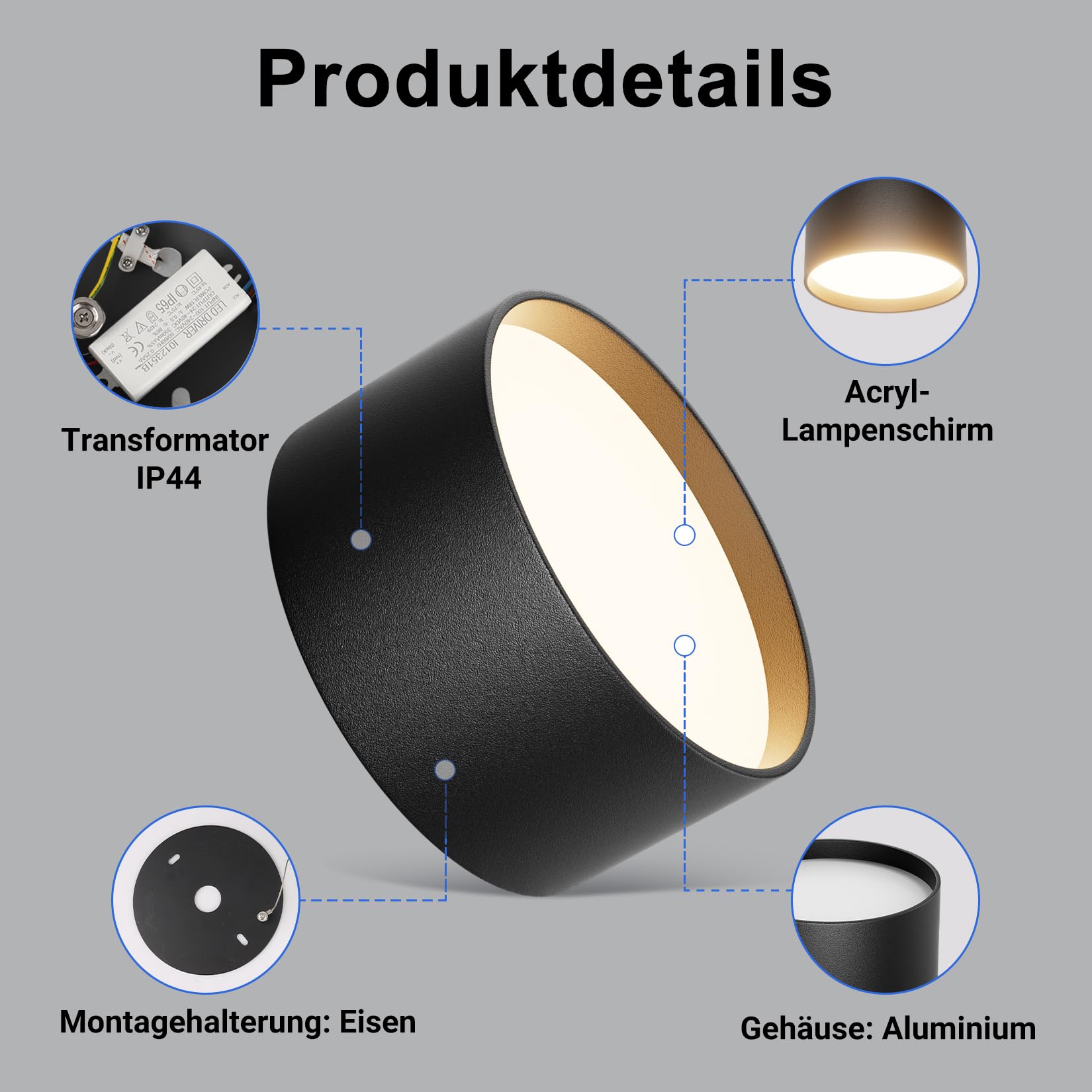 Klighten LED 18W Aufbauspot Runde Deckenspots Aufputz Deckenleuchte, Schwarz Aufbaustrahler, Deckenstrahler Flach Aluminium+Acryl, Aufbauleuchte Warmweiß 3000K, Aufputzleuchte IP44, 1029LM, 60x120mm