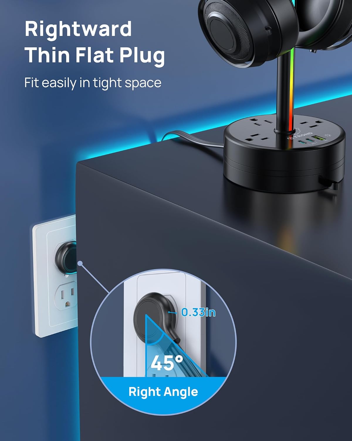 71KLJKH27PL._AC_SL1500_ TROND Headphone Stand with PD 20W USB C Charger, RGB Gaming Headset Holder with 3 AC Outlets Extension, 5ft Retractable Power Strip Suitable for Gamer Desktop Table Game Earphone Accessories Gift