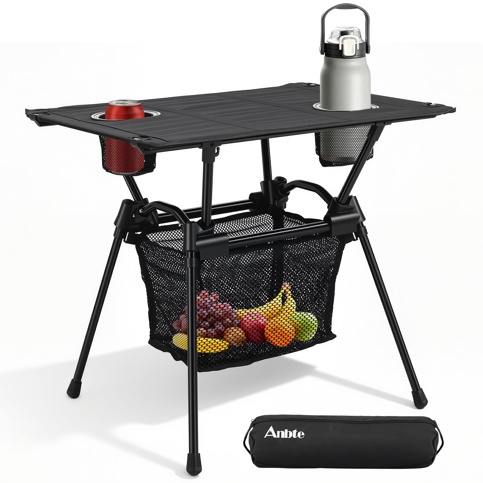 Anbte Tavolo Pieghevole Portatile per Viaggiare in Camper con Borsa di Trasporto, Piano in Tessuto, Gambe in Alluminio e Portabicchieri - Leggero per Campeggio/Esterno/Spiaggia