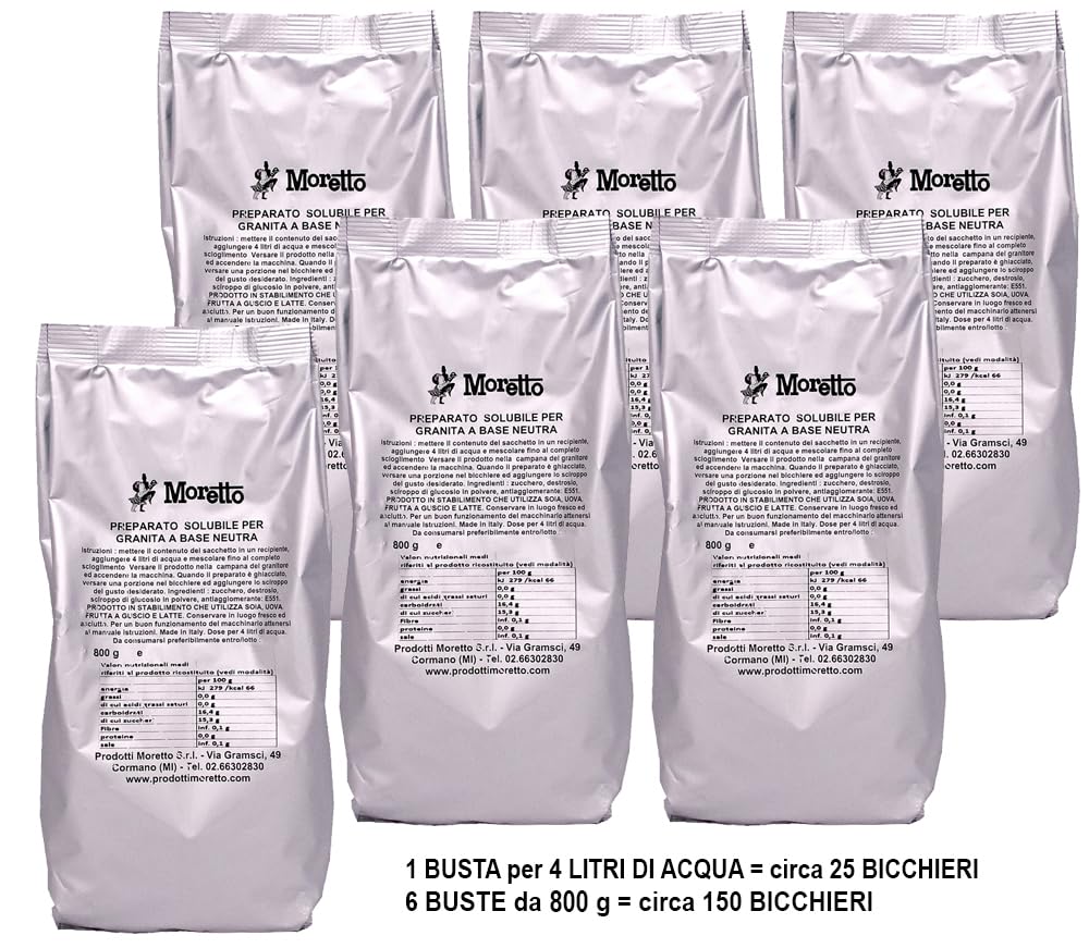 MORETTO preparato in polvere per GRANITA NEUTRA, senza glutine, 6 buste da 800 g, per 150 bicchieri