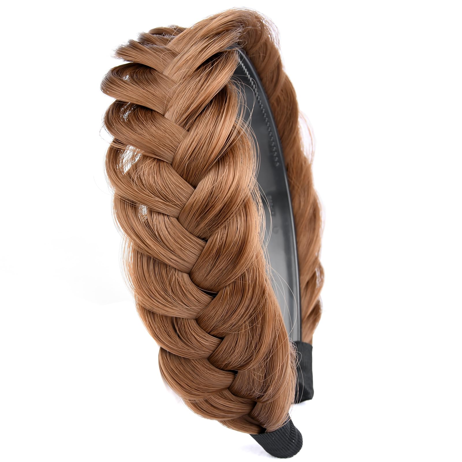 GLEDOLA Wide Messy Braided Headband with Teeth Synthetic Hair Plaited Headband High Elasticity Braids Chunky Fishtail Braided Hair Band Hairpiece for Girls Women (Medium Brown) - Image 2