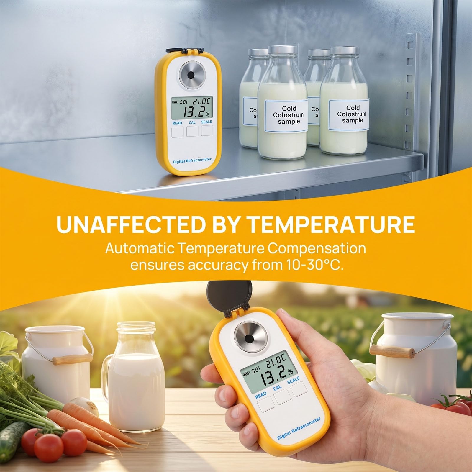Medidor de concentración de calostro de vaca lechera, refractómetro digital LED, detección de alto rango, precisión de concentración de calostro ± 0,2%, para pruebas de suero animal