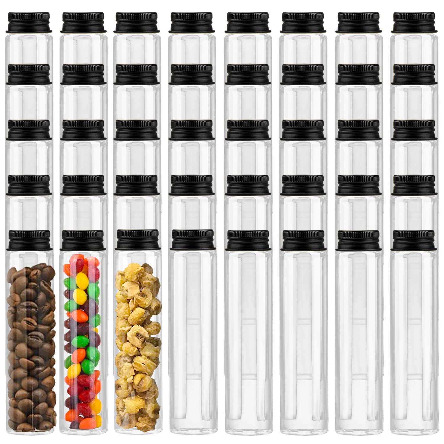 Confezione da 40 provette in plastica trasparente, per caramelle, con tappo piatto, per contenitori per caramelle, 104,9 g (tappo nero)