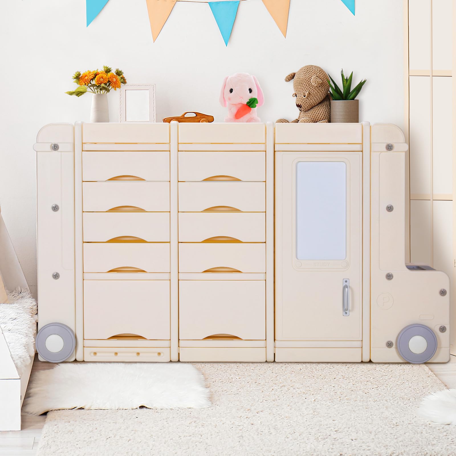 MAMIZO Kids Large Toys Storage Organizer, Bus Cart Cabinet Closed 10 Bins, Big Chest, Open Top & Side Shelves Combo, Multipurpose Toy and Book Storage Solution, with Drawing Board