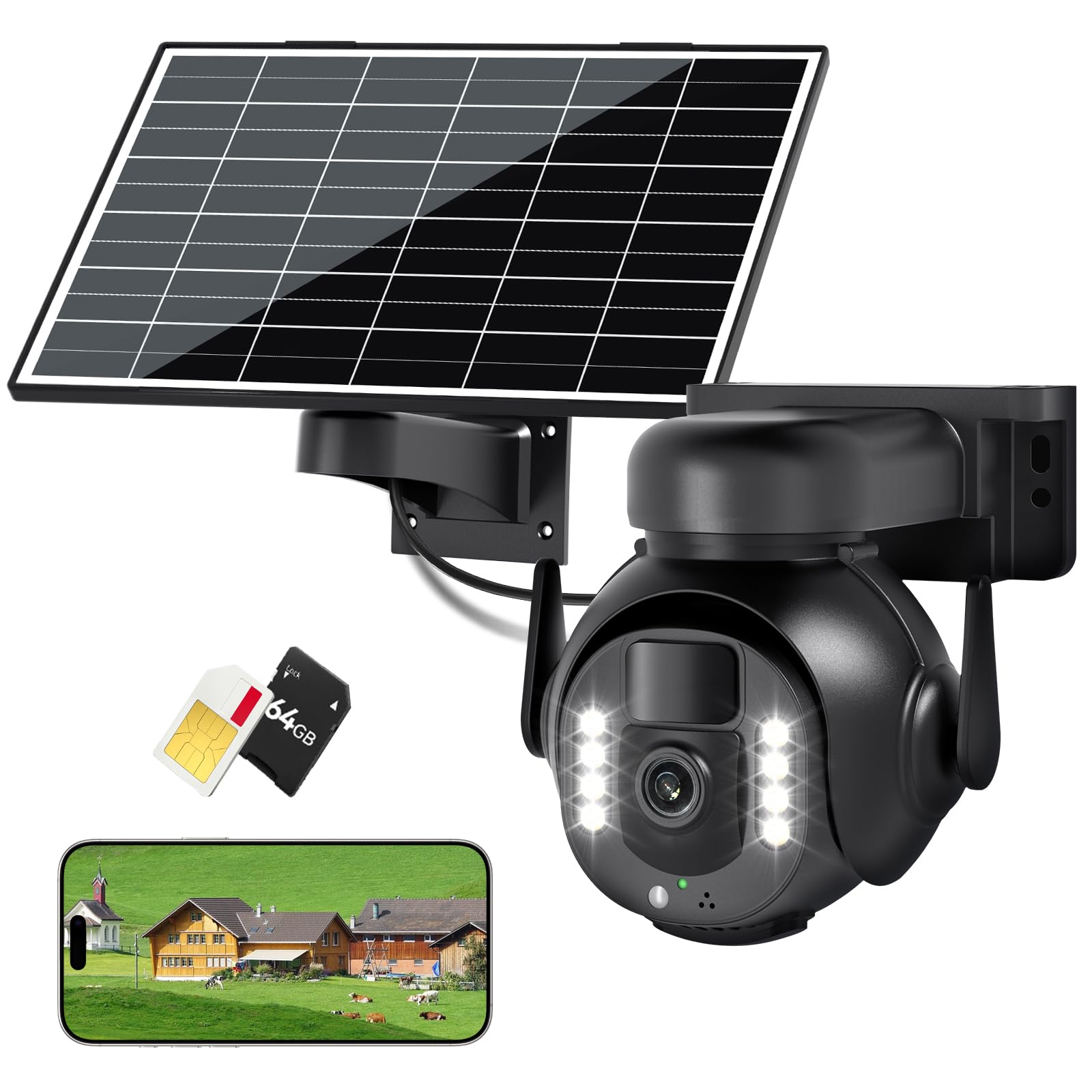 4K Caméra de Surveillance - PTZ 360° Extérieure Étanche avec Zoom 5X, Caméra Solaire 4G LTE pour Sécurité Domestique, Inclus Carte SIM 300Mo et Carte SD 64Go (8MP), Medium