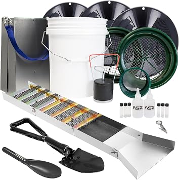 ASR Outdoor 20pc Complete Gold Panning Kit with 50 Inch Folding Sluice Box and 5 Gallon Bucket, Black