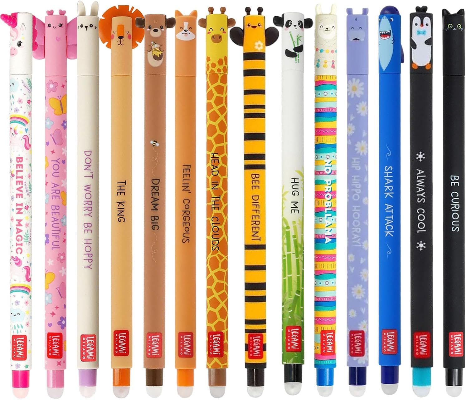 Set of 14 Erasable Gel Pens with Thermosensitive Erase Ink, Range of ink colours & barrel designs, 0.7mm Tip, Animal Designs