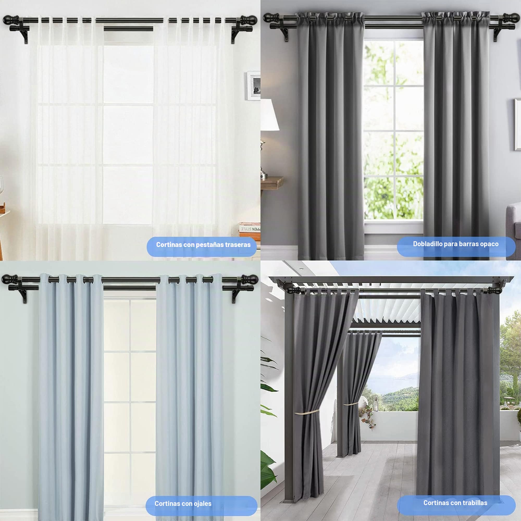 Barra de cortina doble, barra de metal extensible negra de 76 a 332 cm para cortinas con ojales, opacas y gasa, oscurecimiento de la habitación