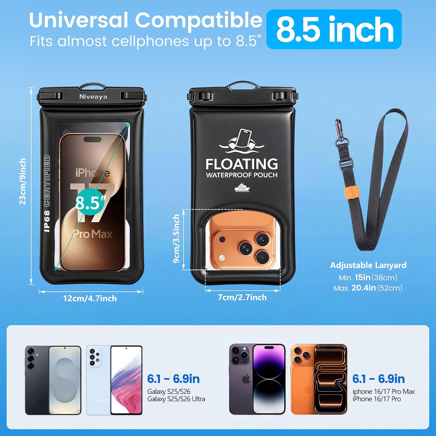 Niveaya IP68 Floating Waterproof Phone Pouch 2 Pack, Touchscreen Friendly Dry Bag for iPhone 17 16 15 Pro Max, Underwater Photography, Beach Vacation & Cruise Essentials (Up to 8.5")