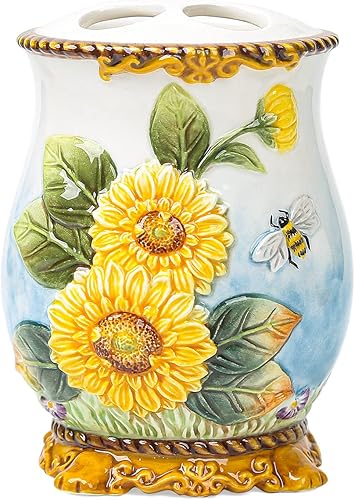 Miniatura 9 de FORLONG Juego de accesorios de baño de girasol de cerámica, conjunto de baño de 4 piezas con soporte para cepillo de dientes, taza para cepillos de