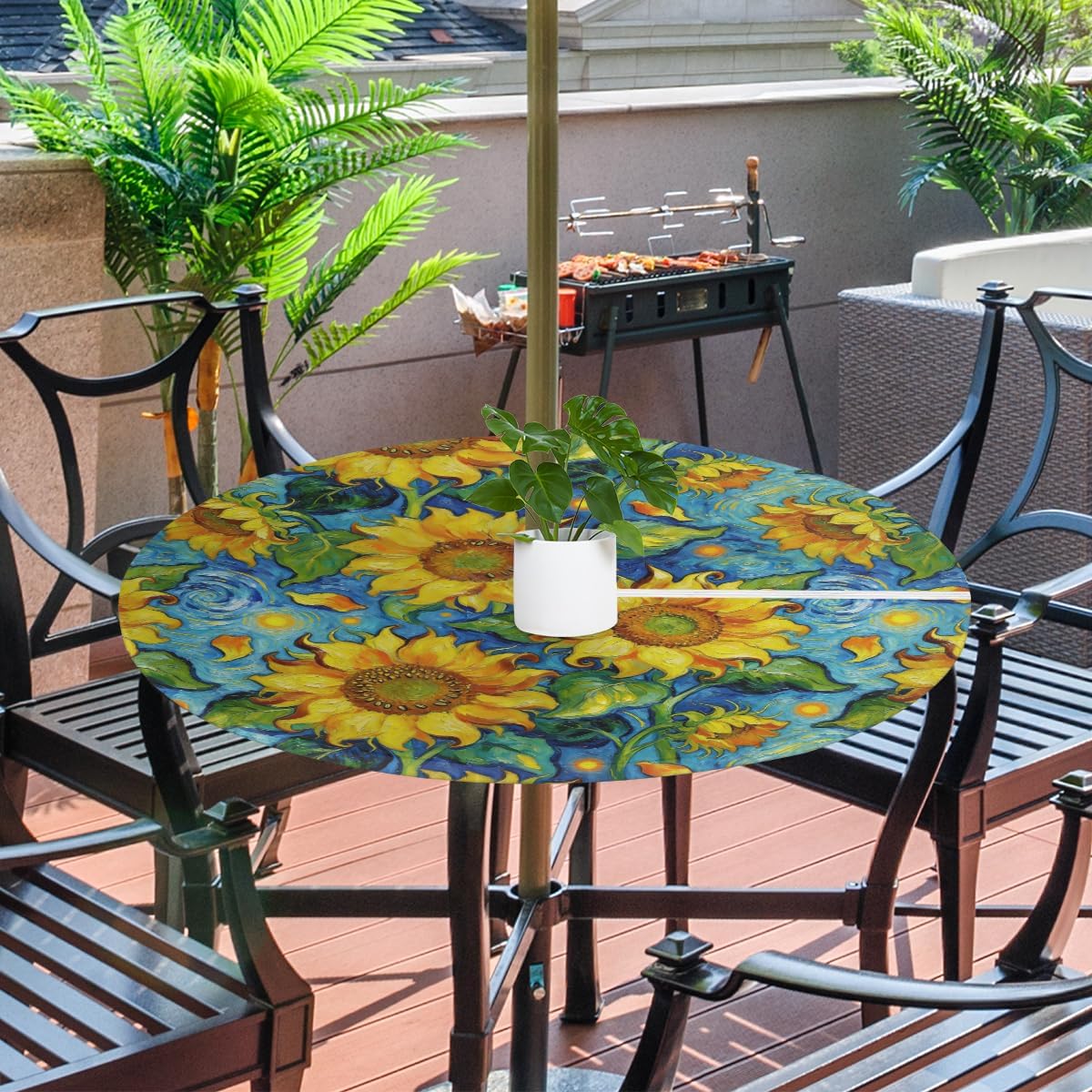 Oil Painting Sunflower Outdoor Round Fitted Tablecloth with Umbrella Hole and Zipper, 36"-44" Elastic Patio Table Cloth Oil-Proof Waterproof Patio Table Cover for Picnic Party Camping