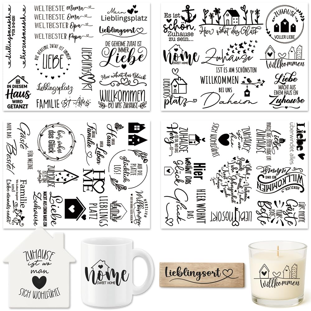 Farbeele 4 Stück Rub On Sticker, Transferaufkleber Folie 19x14cm für Glas, Holz, Karten, Scrapbooking, DIY Handarbeiten, Basteln, Geschenkidee, Wohndeko, Party Deko