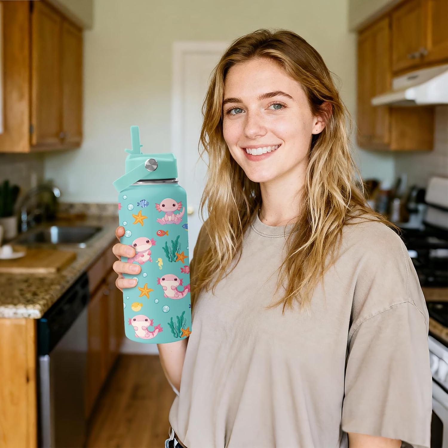 32oz Axolotl Water Bottle with Straw - Christmas Birthday Gifts for Axolotls Lover - Axolotl Themed Tumbler - Cute Axolotls Stainless Steel Coffee Cup for Sports, Gym, Travel, School - Image 2